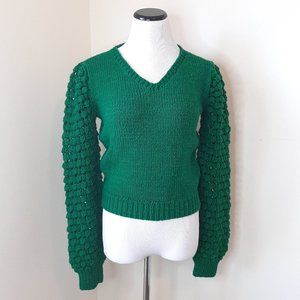 Vtg Hand Knit Open Knit Balloon Sleeve Sweater Cropped V Neck Holiday M